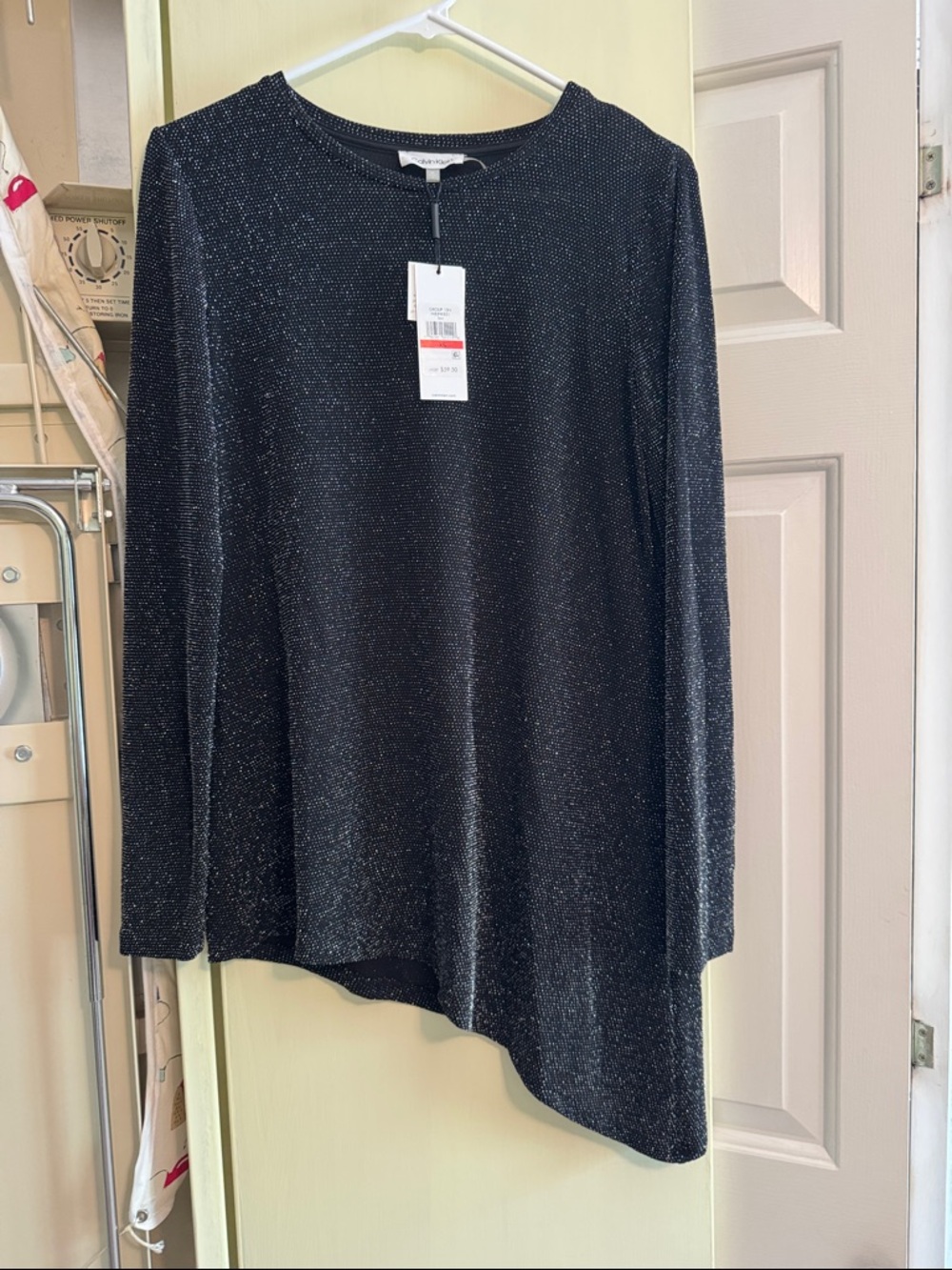Calvin Klein Black Sparkle Asymmetrical Long-Sleeve Top